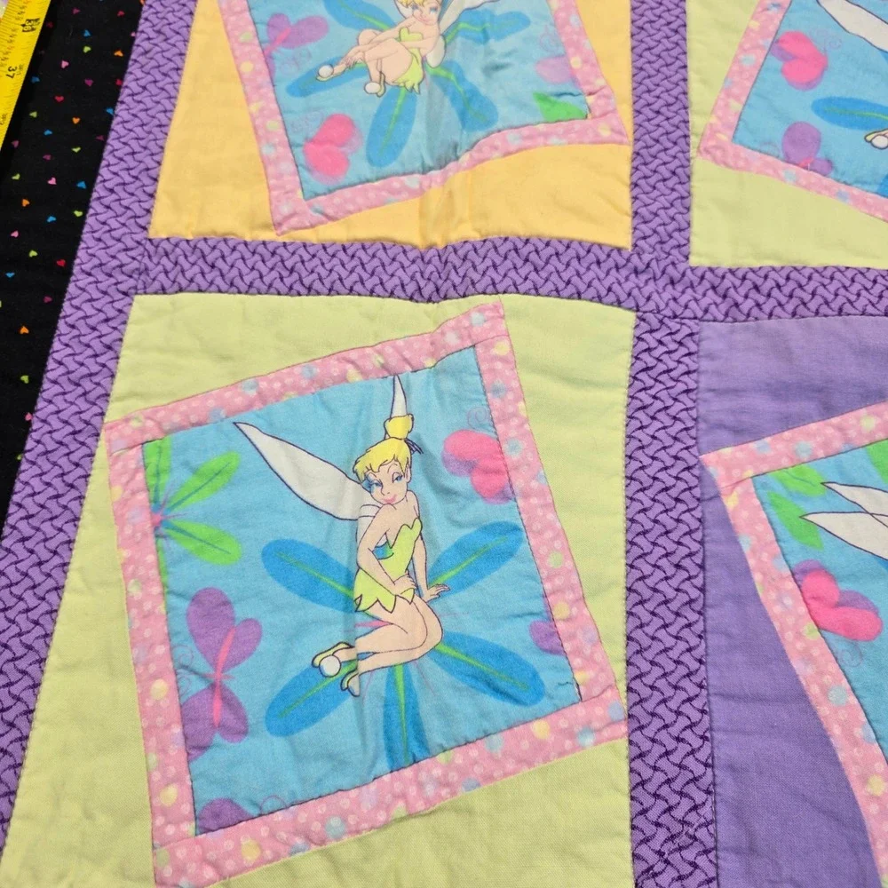 Disney Tinker Bell Handmade Quilt Blanket Fairy Patchwork Purple Yellow 55x46